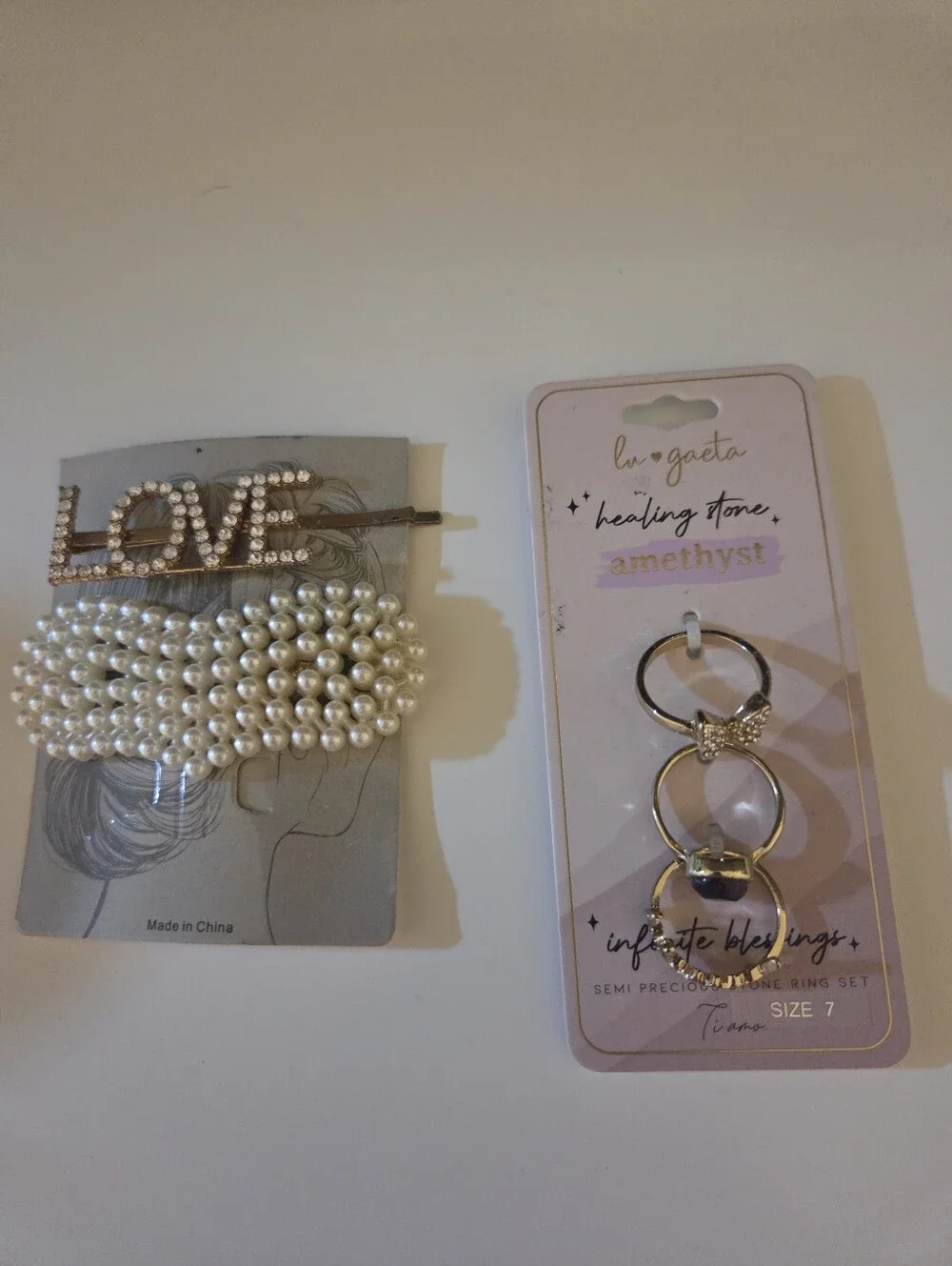 Bundle Pearl Cluster Hair Clip and LOVE Rhinestone Barrette White And 3 Ring SZ